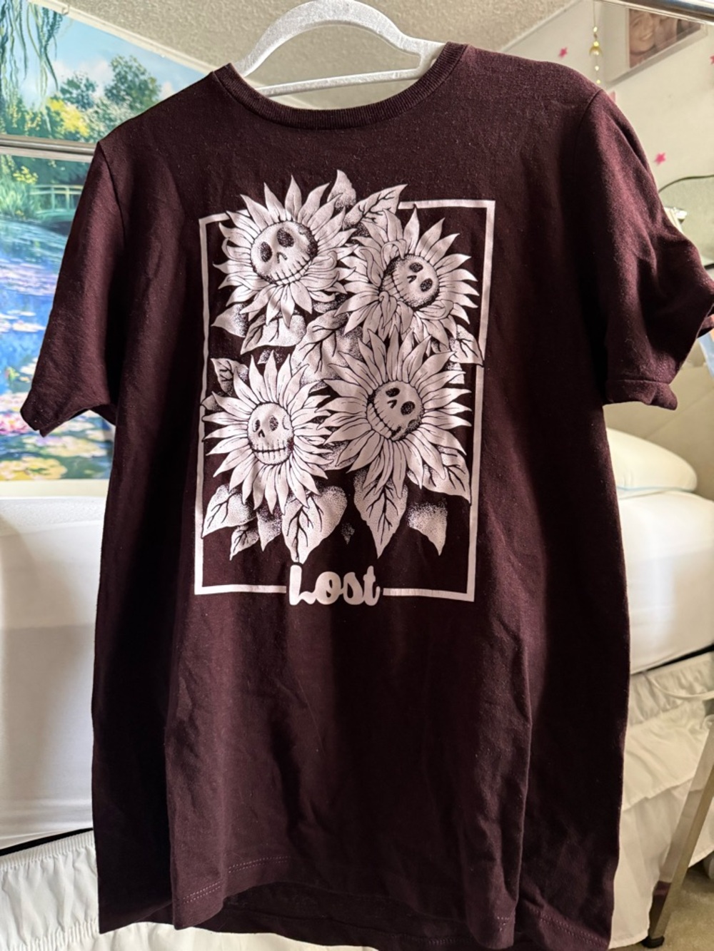 Eighty Eight Maroon Graphic Tee with White Sunflower Skull Design